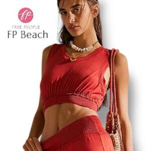 Free People Beach Morningside Rust Orange Smocked Keyhole Crop Tank Top | Sz XS